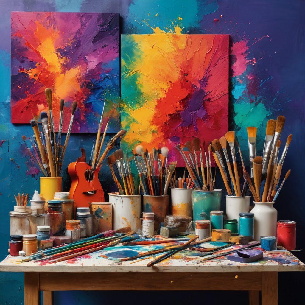 A vibrant collage showcasing various artistic tools and platforms like paintbrushes, digital tablets, and musical instruments, all intertwined with colorful splashes of paint and abstract shapes representing creativity. Include diverse artists engaged in their crafts, surrounded by elements of art like canvases and sculptures, symbolizing different forms of expression. The background should feature an inviting, mixed-media texture. vibrant colors. super-realistic.
