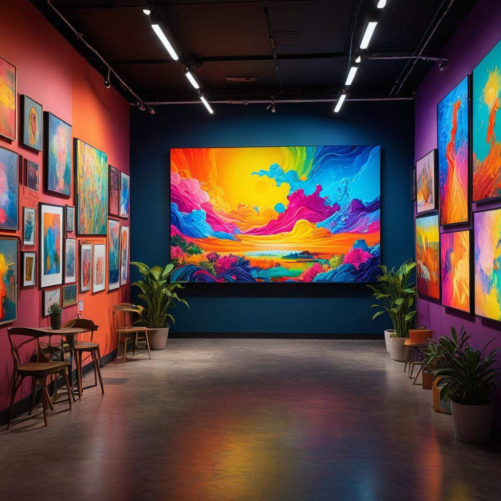 A vibrant and dynamic digital gallery, filled with a diverse collection of artworks from various styles and mediums. Include enthusiastic artists and visitors interacting, engaging in discussions, and sharing ideas. Bright colors should illuminate the space, while digital screens showcase various artistic communities online. The atmosphere is lively and full of inspiration, epitomizing a creative hub. modern art style. vibrant colors. super-realistic.